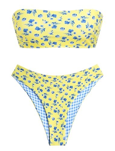 Image of ZAFUL Women's High Cut Bandeau Bikini Set Strapless Solid Color 2 Pieces Bathing Suit Swimsuit