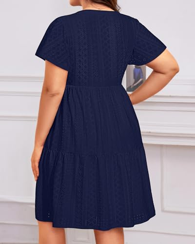 Image of Plus Size Summer Dress Casual Short Sleeve Button Midi Sun Dresses Women