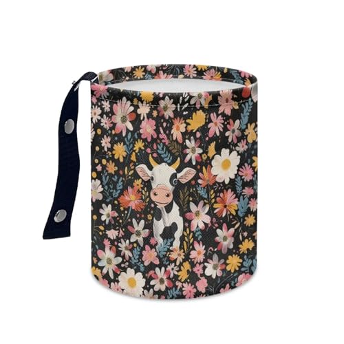 Image of Portable Bright Flowers Dustbin Bin Cow Waste Basket Car Accessories Interior Foldable Car Trash Can Collapsible Waste Basket Bin Small Trash Can Universal