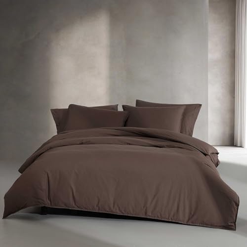 Calvin Klein - Queen Duvet Cover Set Modern Cotton Washed Percale Bedding with Matching Shams Cozy Home Decor Oeko-Tex Certified (Washed Percale Earth Brown Queen)