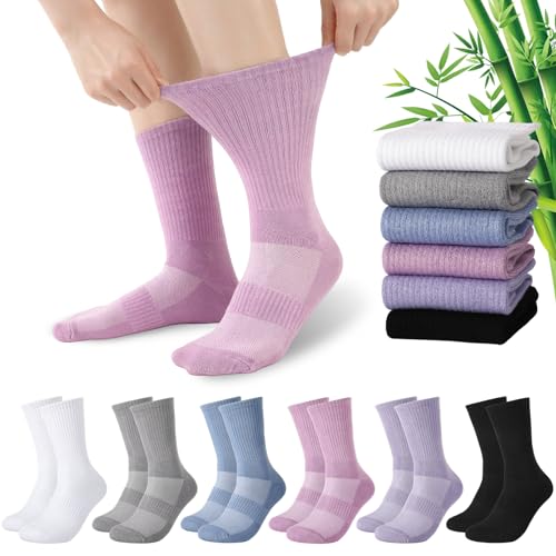 scenicamp 6 Pairs Bamboo Viscose Diabetic Socks for Women Non Binding Wide Hospital Seamless Loose Ankle Socks for Women Medium