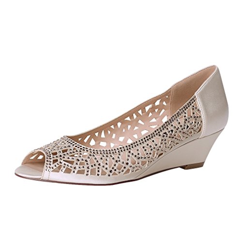 ERIJUNOR Women Peep Toe Pumps Middel Heel Wedges Sparkle Rhinestone Wedding Bridal Shoes