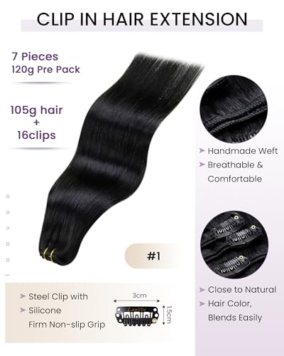 Image of LaaVoo Human Hair Clip In Extensions, Double Weft, 24 Inch | Sleek Jet Black Texture, 120g 7pcs, Clip On Extensions Human Hair, Smooth, Natural Shine