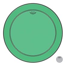 Remo Powerstroke 3 Colortone Green Bass Drum Head, 20 Inch P3-1320-CT-GN Single layer 10-mil Mylar film, with a built-in 10-mil cushioning ring With impact patch, featuring Remos Skyndeep imaging technology Colour is in the fur, no change of the usua...