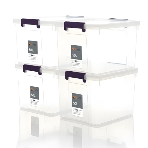 AL AJAL Plastic Storage Containers | Storage Boxes with Lids Stackable Organizer Boxes with Handles for Clothes Toys Office (Pack of 4) (50L (PACK OF 4)