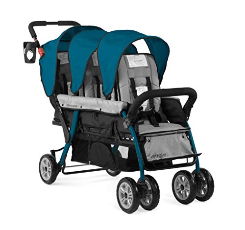 Gaggle Compass 3-Seat Tandem Stroller with Canopy, 5-Point Harness, Foot-Brake, Teal/Black
