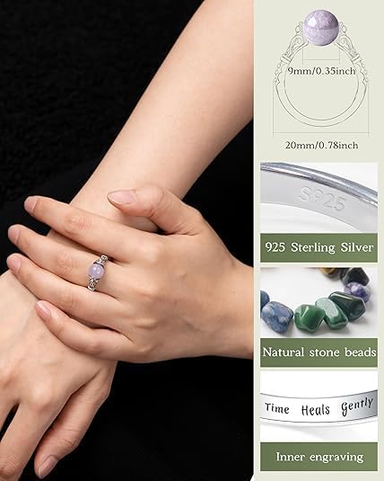 Fidget Spinner Ring for Anxiety Relief – 925 Sterling Silver Natural Gemstone Ring with Purple Mica, Stress Relief Healing Crystal Jewelry Gift for Women, Mom, Daughter, Her