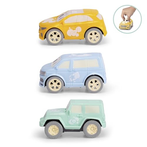 Dickie Toys ABC - Cozy Friends Auto (11 cm) - Aufziehauto ab 1 Jahr mit Rückzug und weichem Material zum Quetschen, Spielzeug für Babys und Kinder ab 12 Monate, 3-Fach Sortiert, zufällige Auswahl