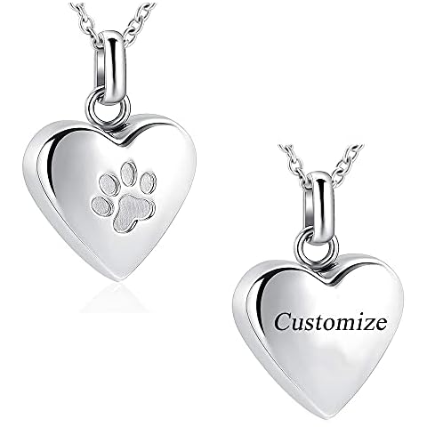 MemoryU Pet Urn Necklace Heart Memorial Urn Pendant Dog Cat Keepsake Funeral Jewelry 316L Stainess Steel Paw Print Cremation Jewelry (Customize) (x102-C) Cover