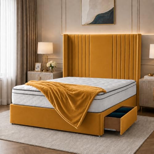 Image of Living Comfort Bedz Soham Wingback Divan Bed with 54” Headboard | Orthopedic Mattress Included | Plush Velvet | Storage Options(Mustard,4FT Small Double 2 Drawers Foot End)