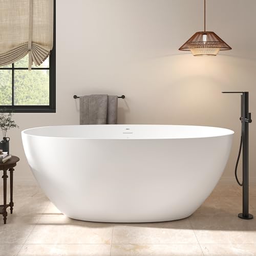 FerdY Goa 59' Resin Stone Freestanding Bathtub, Elegant Oval shaped Freestanding Bathtub, Solid Surface Bathtub, Matte White, cUPC Certified, Pop-Up Drain Pipe and Minimalist Linear Design Overflow