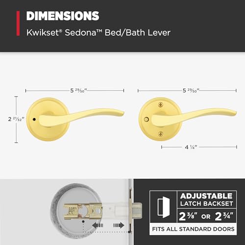 Image of Kwikset Sedona Interior Privacy Door Handle with Lock, Door Lever for Bathroom and Bedroom, Satin Brass Reversible Keyless Push Button Lock Door Lever, with Microban Protection