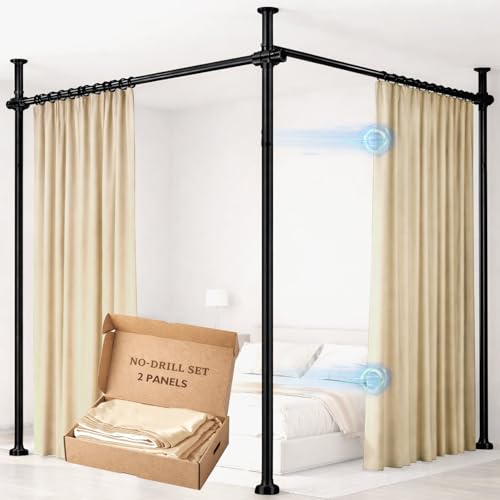 Image of Room Divider Curtain Set-No Drilling Curtain Rod Set, Retractable Room Divider, Adjustable for Office Bedroom, Easy Install Beige-100 W x 96 inch L(Pack of 2)