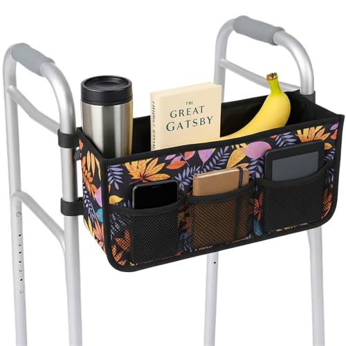 Walker Basket - Foldable Walker Bag with Cup Holder - Fits Folding Walkers - Ideal Walker Accessories for Seniors with Limited Mobility to Carry Water Bottles, Books, Essentials & More (Warm Leaves)