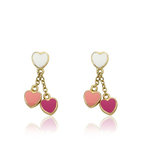 Little Miss Twin Stars "I Love My Jewels" 14K Gold-Plated White Enamel Heart With Pink And Hot Pink Heart Dangle Earring #TOP9