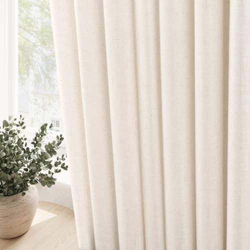 Image of Nanspring Beige Semi Sheer Linen Curtains 102 inches Long 2 Panels for Dining Room Earthy Tone Grommet Window Curtain Privacy Light Filtering Boho Farmhouse Living Room Drapery Panel 102 inch Length