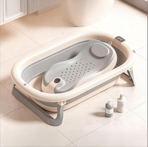 Foldable Baby Bath Tub with Seat - Portable Infant Bathtub Drain Hole & Thermometer Anti-Tip Legs Non-Slip Shower Basin for 0-8 Years Boy Girl