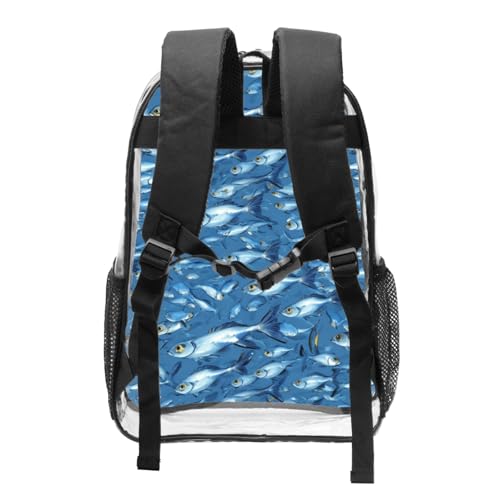 Blue Fishes Ocean Print Work Travel Stadium Events Transparent Backpack PVC Clear Bag Large Side Pockets2