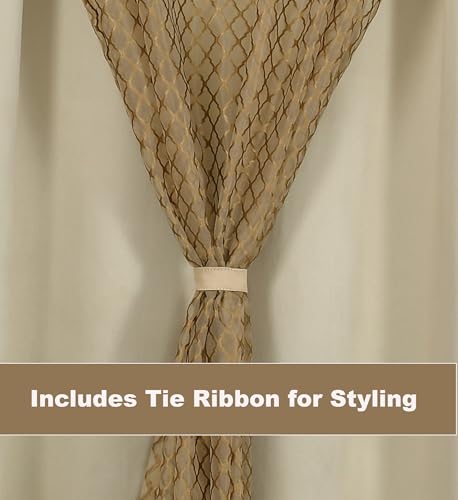 Image of IVAZA Faux Silk Hybrid Designer 100% Blackout Curtain 2-in-1 |Dual-Layer Design with Decorative Mesh Overlay & Tie Ribbon|100% Light Blocking,Thermal Insulated, Window- 5 Feet (Pack of 1) Beige