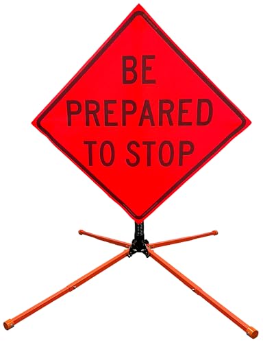 Image of OrangeGear 36 inchx36 inch Be Prepared to Stop Mesh Sign & Steel Spring Stand | MUTCD TTC compliant orange mesh roll-up sign kit with fiberglass cross ribs and single-spring steel stand.
