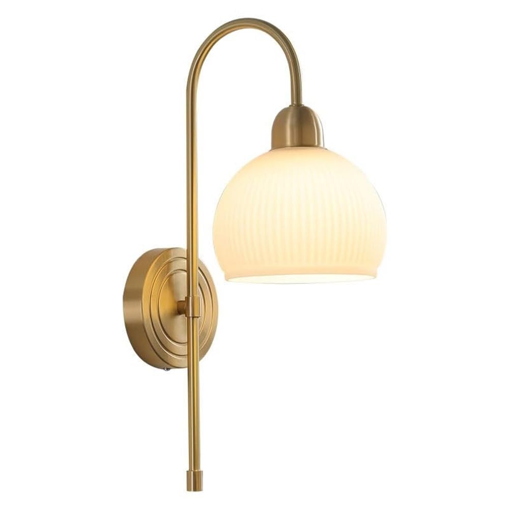 HPTHLY Ribbed Glass Shade Wall Sconce With Brass Finish Mid Century Wall Lamp Decorative Accent Lighting Fixture For Bedroom Bedside Living Room Hallway Ent
