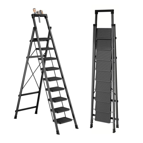 Image of 9 Step Ladder with Platform, Folding Step Stool Heavy Duty, Portable Step Ladders with Anti-Slip Widen Pedals, Handrail, Safe-Lock Design, Tall Kitchen /Closet Step Ladder for Adults,Carbon Steel