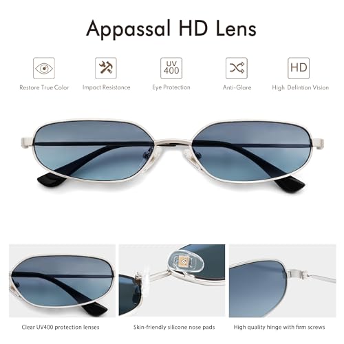 Small Oval Sunglasses For Women Men Retro Rectangle Metal Sun Glasses AP3685,Silver/Blue3