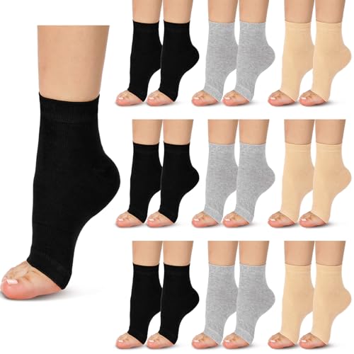 Cuffbow 9 Pairs Toeless Socks for Women Cotton Pedicure Flip Flop Open Toe Socks Women One Size(Black Gray and Pale Yellow)