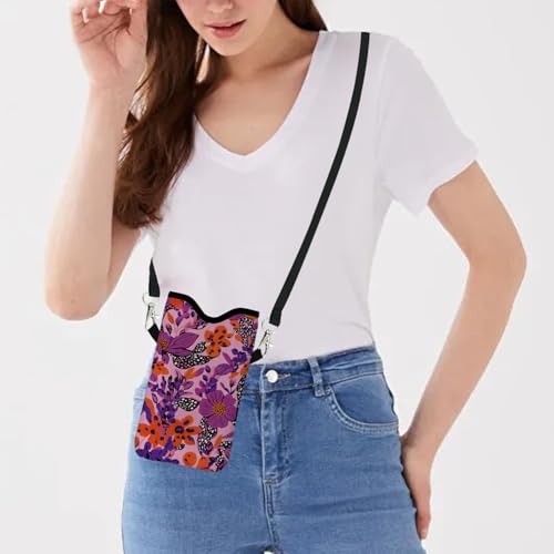 Image of Neoprene Cell Phone Sleeve Pouch Case Bag with Crossbody Strap Neck Lanyard for Women 7.1 X 3.9 in Pink Flower