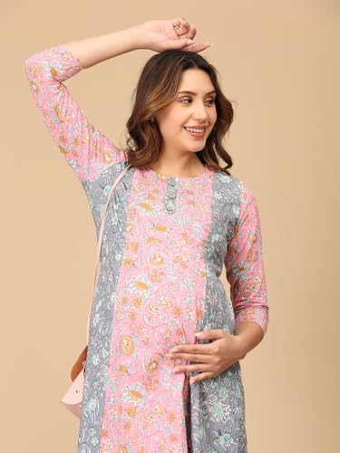Image of The Mom Store Maternity and Nursing Dress | Pre and Post Pregnancy Dress for Womens | Zipper /Button Opening | Causal Wear | Trendy Stylish Causal Dresses for New Moms