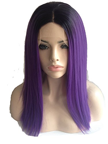 Cupidlovehair Perruque courte en dentelle synthétique résistante à la chaleur avec dentelle sur le devant Noir ombré Violet 40,6 cm