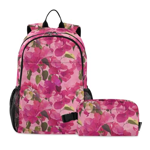 ALAZA Bougainvillea Flowers Hotpink Kids Backpack & Lunch Box Bag set for Girls Bookbags School Bags Travel Toddler Lightweight