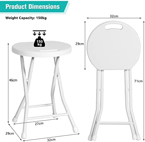 COSTWAY Set of 2/4 Folding Stool Seat, 150kg Capacity Plastic Portable Kitchen Bar Stool with Built-in Handle & Non-slip Foot Pads, Indoor Outdoor Weather Resistant Camping Chair (4 Pcs, White)