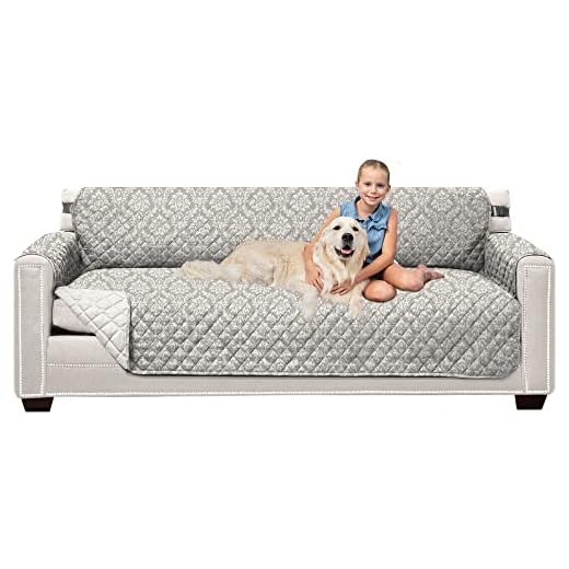 Sofa Shield Original Patent Pending Reversible X-Large Oversized Sofa Protector for Seat Width to 78 Inch, Furniture Slipcover, 2 Inch Strap, Couch Slip Cover Throw for Dogs, Sofa, Damask Latte Ivory