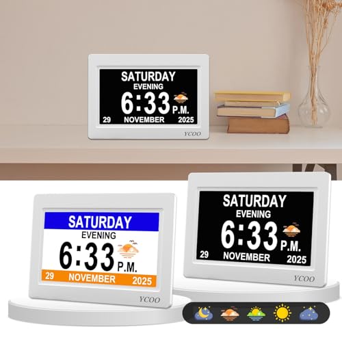 YCOO Dementia Clock, Day Date Digital Clock with Sun/Moon Icons, Large Clear Digital Display, Auto DST, 7 Display Modes, Wired Power Supply Clocks. (7 Inch White)