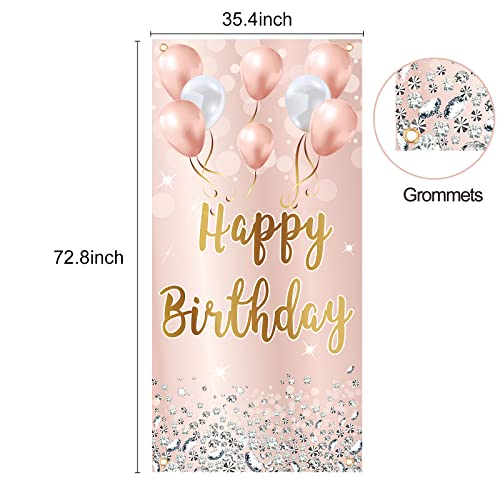 Image of Pink Rose Gold Happy Birthday Door Banner Backdrop Decorations for Women Girls, Happy Birthday Party Door Cover Sign Background Supplies for 16th, 21st, 30th, 40th, 50th, 60th Birthday