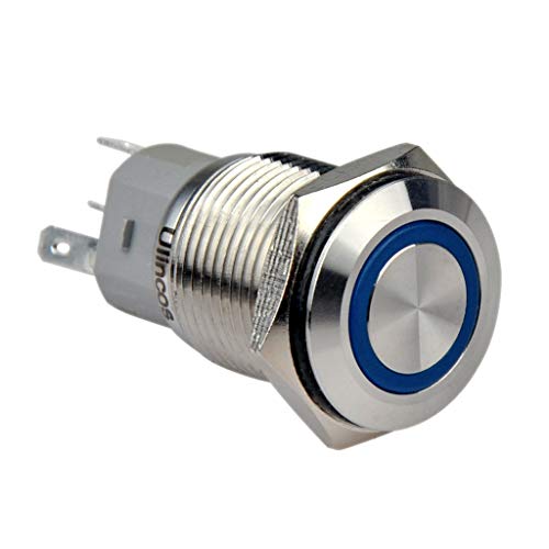 50% Off Discount Ulincos® Momentary Push Button Switch U16F1 1NO1NC Silver Stainless Steel Shell with 12V Blue LED Ring Suitable for 16mm 5/8 Mounting Hole (Blue)