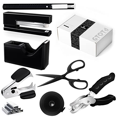 GTOTd El kit de accesorios de escritorio de oficina negro incluye grapas de escritorio, removedor de grapadora, perforadora de un solo agujero, dispensador de cinta, tijeras de acero inoxidable,