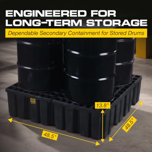 Image of Eagle High Capacity 4 Drum Spill Containment Pallet with Forklift Pockets, 52.5 inchx51 inchx13.75 inch, 132 Gallon Sump, 8,000 lbs. Load Capacity Secondary Containment Pallet, Made in USA, Black, 1640BND