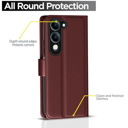 Image of Pikkme Flip Cover for iQoo Z10 lite 5G / Vivo T4 lite 5G / Y19 5G / Y19e / Y04 4G / Y29s 5G| Leather Finish | Shockproof with Card Pockets & Wallet Stand | Ultimate Protection Case (Brown)