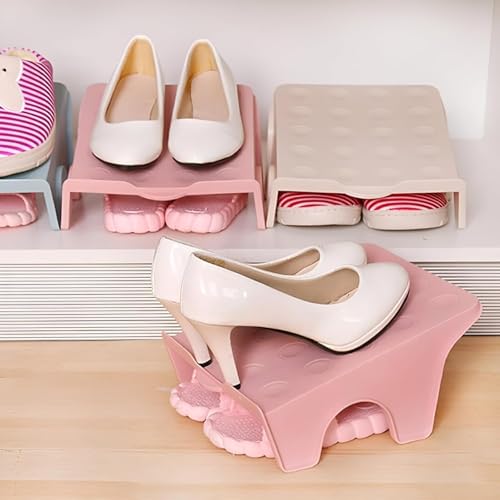 Image of NYALKARAN Plastic Shoe Organizer Stand Space Saver Shoe Storage Rack Double Layer Free Standing Shoe Slipper Stacker (Multicolor, Set of 12)