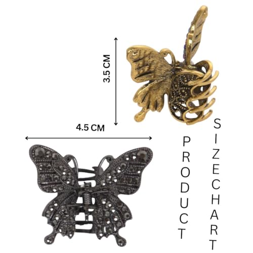 Image of Radhu & Kabby Butterfly Metal Hair Claw Clip Pack | Antique Gold & Black Stone-Styled Claw Clips for Women | Strong Grip Stylish Vintage Butterfly Hair Accessories | Pack of 2