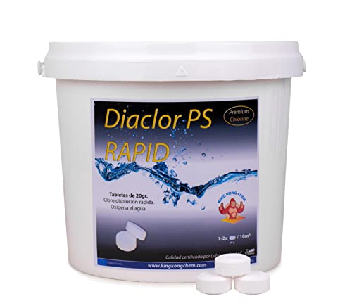 Cloro Rápido Piscinas Pequeñas - DIACLOR PS Rapid 5 KG - 250 Pastillas de Cloro Rápido (20 gr) - Tratamiento de Choque - Especial Piscinas PEQUEÑAS - SIN Cobre - Nueva FÓRMULA 100% Segura