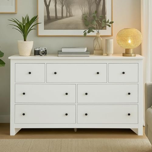 Aislinglen Comoda Dormitorio Blanca, comodas y cajoneras Dormitorio, cajonera 7 cajones, cajonera Blanca, Mucho Espacio de Almacenamiento, 152 x 40 x 88.5 cm