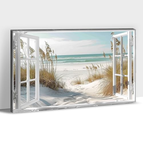 Beach Window Canvas Wall Art, Relaxing Bedroom Living Room Blue Ocean Coastal Scene Picture, Modern Tropical Sea Landscape Painting Print Decor Horizontal Summer Seascape Artwork for Home 32"x48"