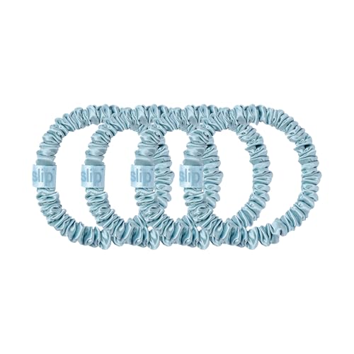 Image of Slip Silk Hair Ties - Skinny Silk Sky Blue Scrunchies, No Damage, No Crease, Anti-Breakage |100% Mulberry Silk | All Hair Types | Made with Proprietary Slipsilk | Set of 4