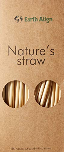 Compostable Drinking Straws – 8.5 Inches Beverage All-Natural Wheat Straws – Biodegradable Non-Polluting Straws – Eco Bulk of 100 Long Straws – Safe & Non-Dye Nature’s Straws by Earth Align