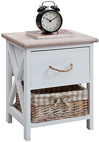 Compartimento de la unidad de almacenamiento abierto con una cesta de mimbre cajón de mesa de noche blanco antiguos originales acomoda una cesta,White