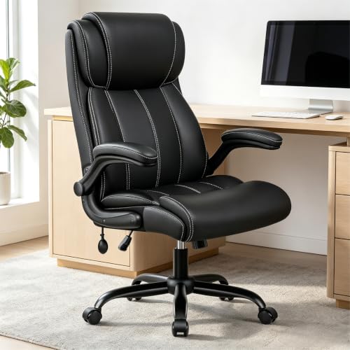 Image of Ergonomic High Back Office Chair with Inflatable Lumbar Support | Executive Leather Desk Chair with Rocking Function & Wide Padded Seat, Heavy-Duty for All-Day Sitting Comfort at Work, Black