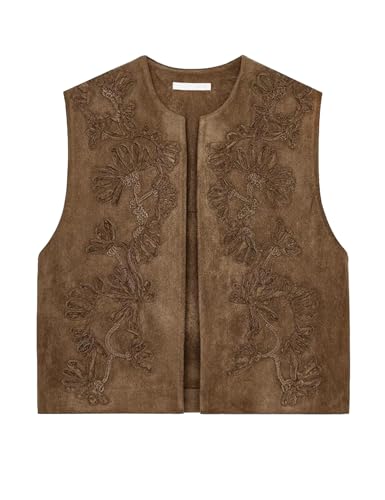 Image of hathne Embroidered Faux Suede Vest for Women Floral Embroidered Vest Sleeveless Open Front Vintage Vests